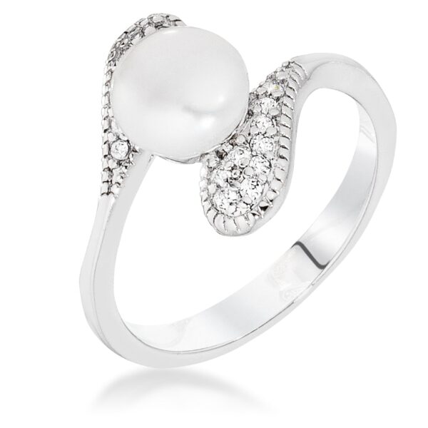 Rhodium plated over brass interlocked double teardrop ring with -colored 1.15mm cubic zirconia and hematite.