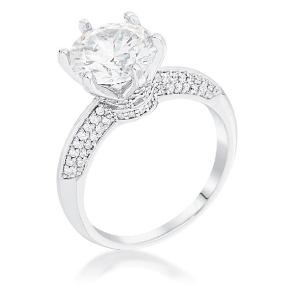 Round solitaire and quad micropave ring with clear cubic zirconia, 3.3 ct total stone weight, and silver tone over brass.