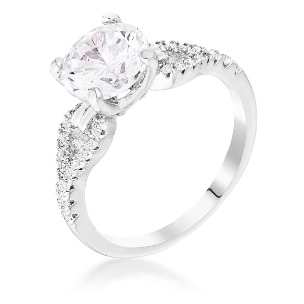 Clear round-cut cubic zirconia petite ribbon engagement ring with an 8mm stone size and silver tone over brass plated finish.