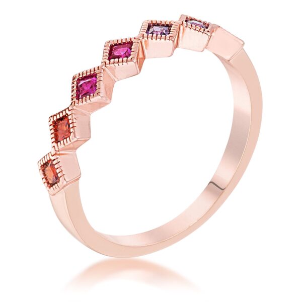 Rose gold tone over brass Septem princess cut half eternity band with multi-colored 2.25mm cubic zirconia.