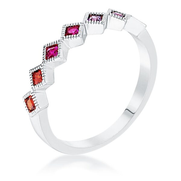 Ring with a row of multi-colored princess cut cubic zirconia stones across the front, silvertone plated over rhodium plated
