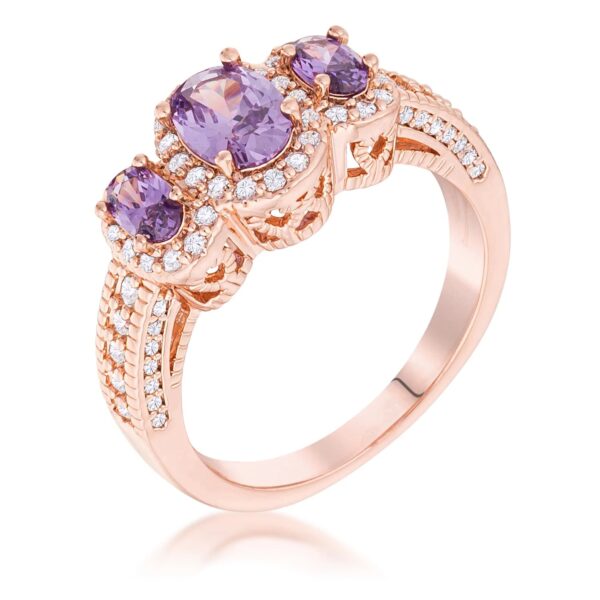 Rose gold tone over brass halo ring with three purple, amethyst-colored oval-cut cubic zirconia stones