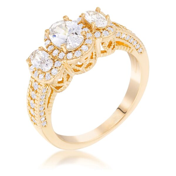 Gold tone over brass halo ring with 3 clear oval cut cubic zirconia stones and 1.65 ct total stone weight.