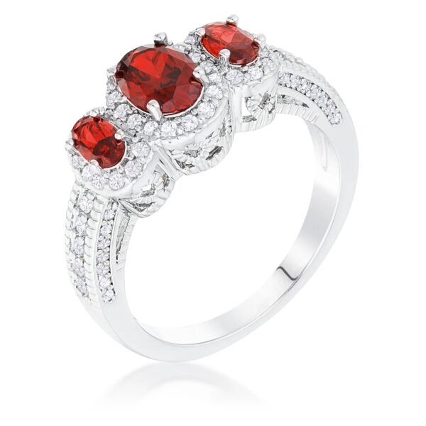 Silver tone over brass ring with 3 oval-cut garnet-colored cubic zirconia stones in a halo design.