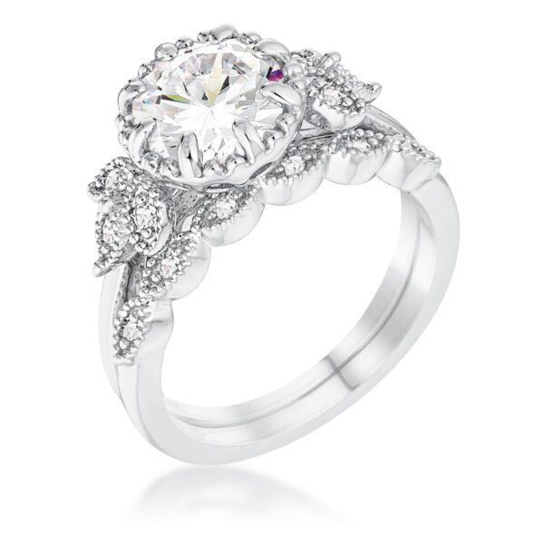 Round-cut clear cubic zirconia trio laurel leaf engagement ring in rhodium plated over brass