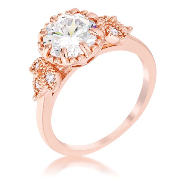 Clear round-cut cubic zirconia trio laurel leaf engagement ring in rose gold tone over brass.