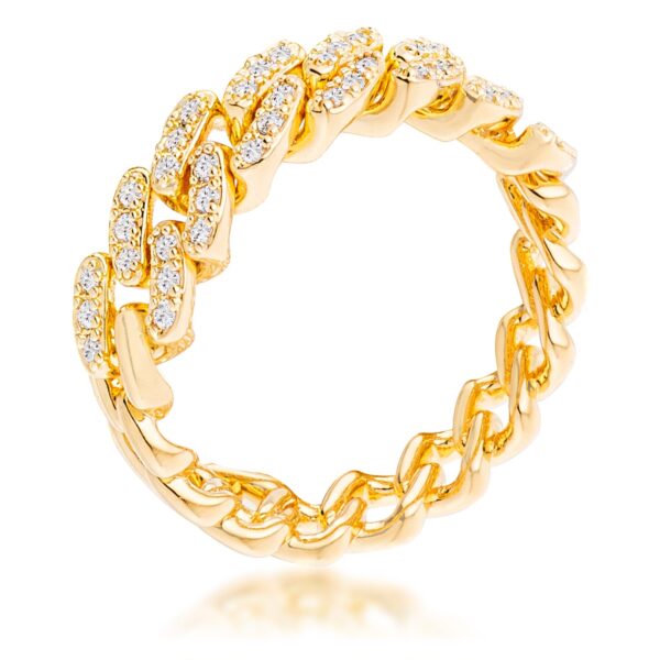 Flexible chain ring in gold tone over brass with clear, round-cut cubic zirconia and a 1.3mm stone size.