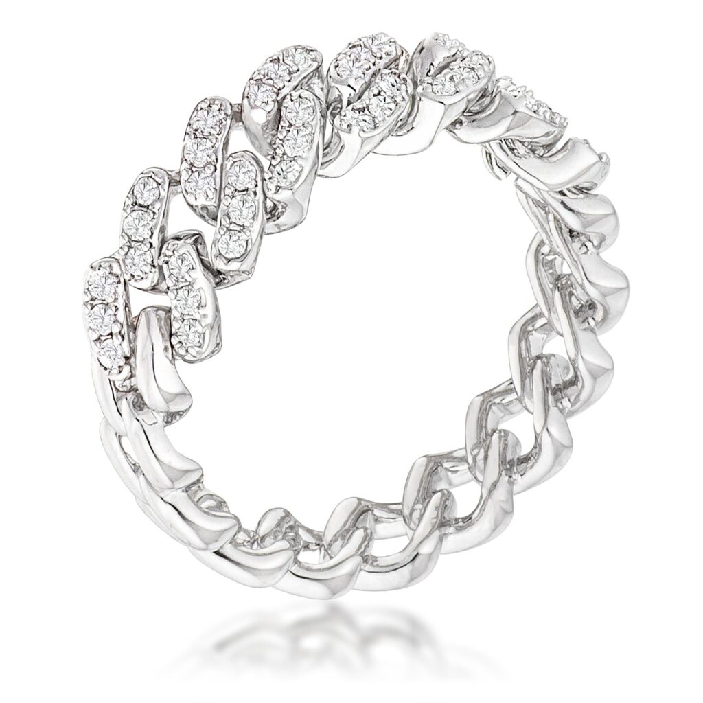 Silver tone over brass flexible chain ring with clear, round-cut cubic zirconia measuring 1.3mm.