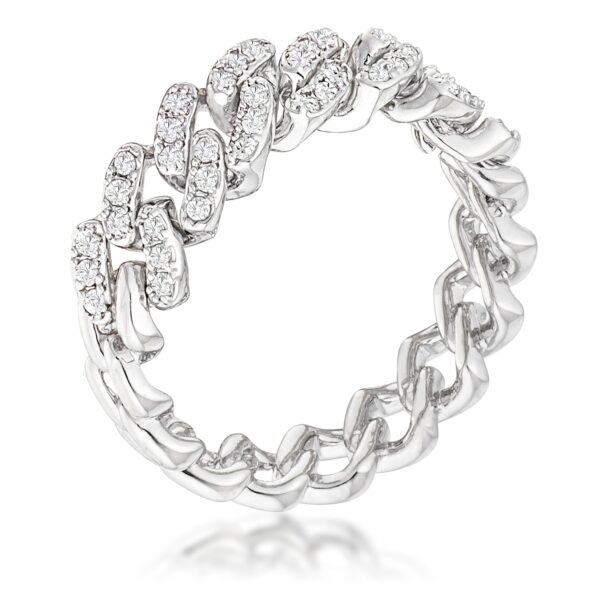 Silver tone over brass flexible chain ring with clear, round-cut cubic zirconia measuring 1.3mm.