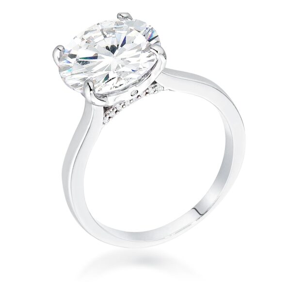 Clear cubic zirconia round solitaire engagement ring in silver tone over brass with 5 ct total stone weight.