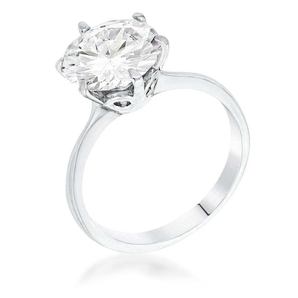 Rhodium plated solitaire ring with a round cubic zirconia stone held by prongs