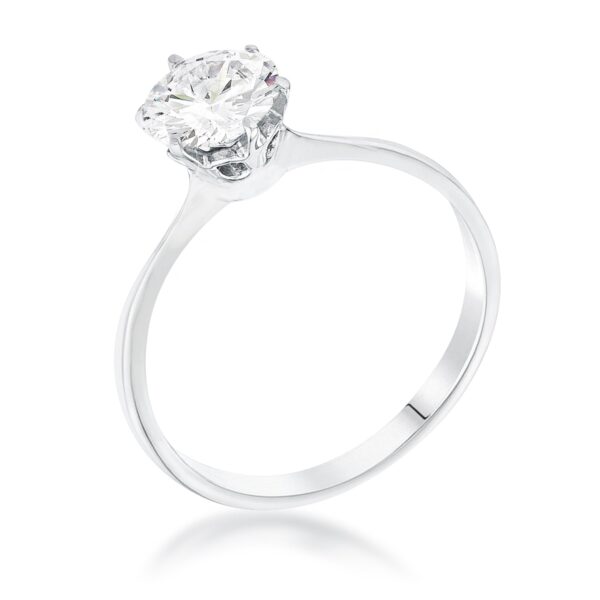 rhodium plated over lead free alloy (brass) classic solitaire ring with a 1 ct round cubic zirconia in prongs