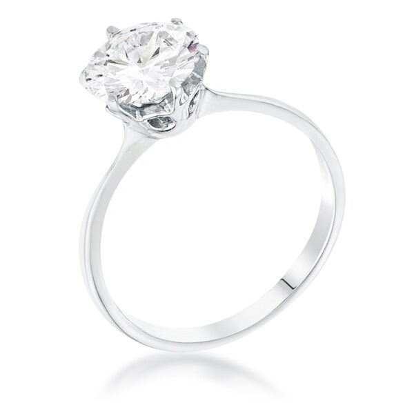 Classic solitaire ring with a round 8 (mm) cubic zirconia in prongs, rhodium plated over lead free alloy (brass).