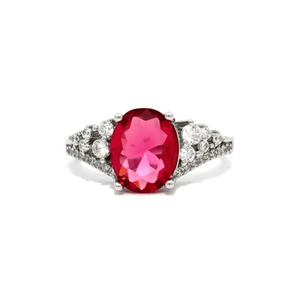 Oval cubic zirconia raspberry sparkle ring in rhodium finish plated over lead free alloy (brass), with 3.25 ct total weight.