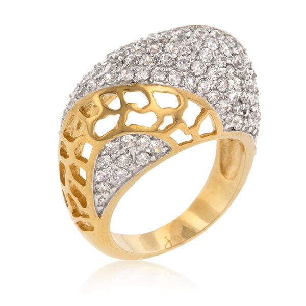 Ring with pave-set round cubic zirconia stones across a goldtone plated band