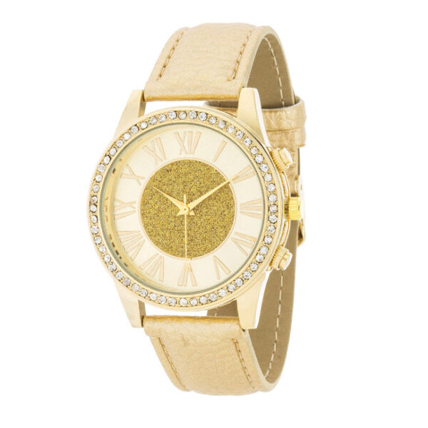 Women's watch with goldtone leather strap and crystal-accented round dial