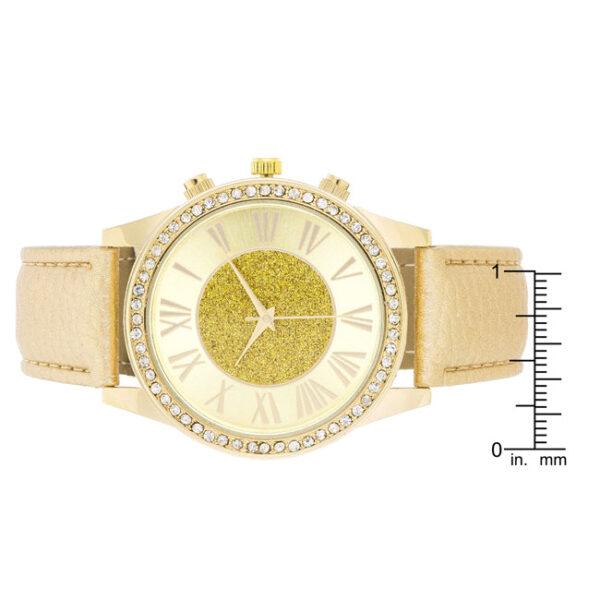 Watch shown at an angle displaying the goldtone leather strap and case profile