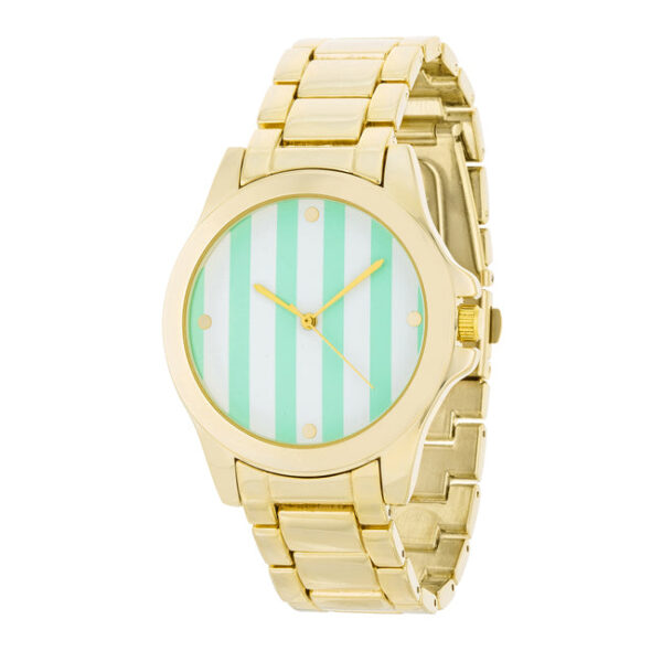 stainless steel watch with a mint stripe dial, shown face-up