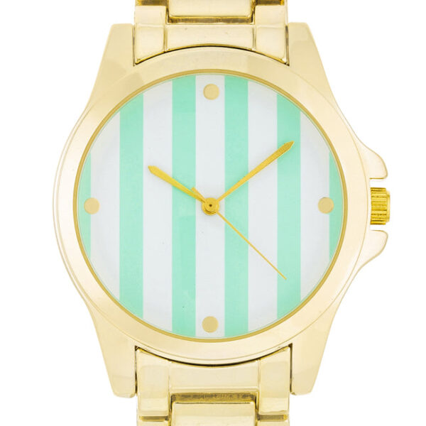 Side angle of the goldtone watch case showing the mint dial and band