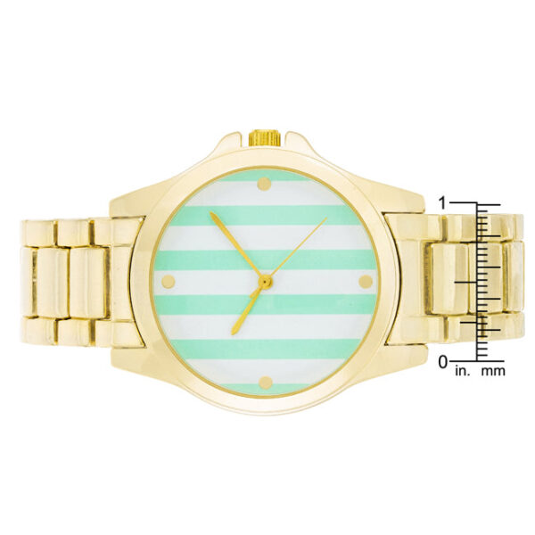 Close-up of the mint stripe dial detail on the goldtone plated watch