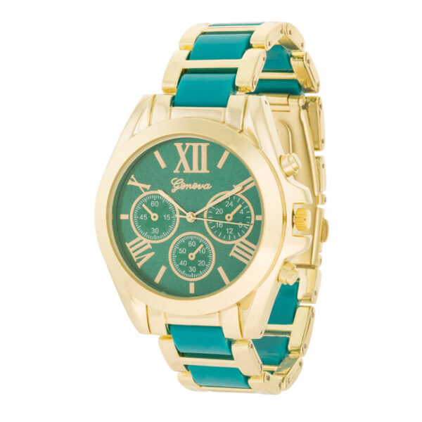 Teal gold-tone watch against a plain background