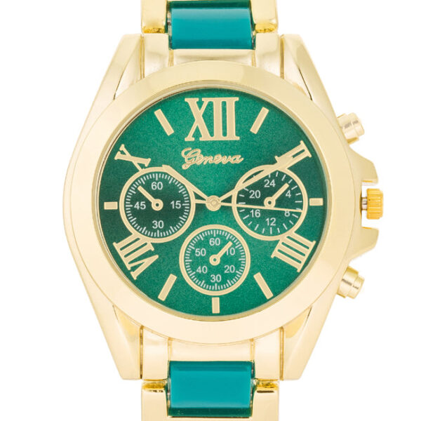 Close angle of the teal gold-tone watch case and band