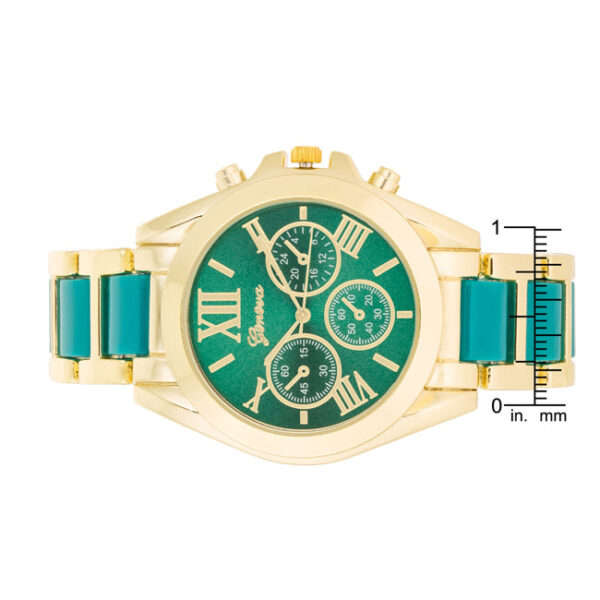 Alternate angle of the teal gold-tone watch showing its overall shape