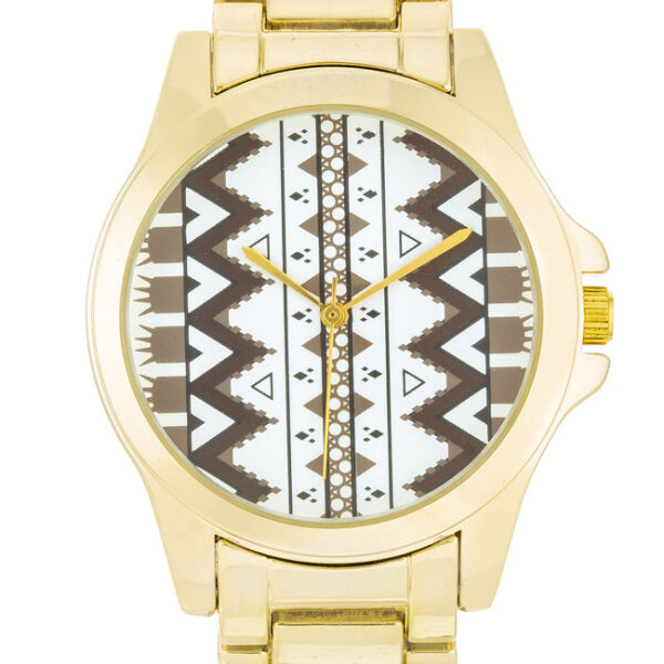 Close-up of the goldtone plated watch case and band detail