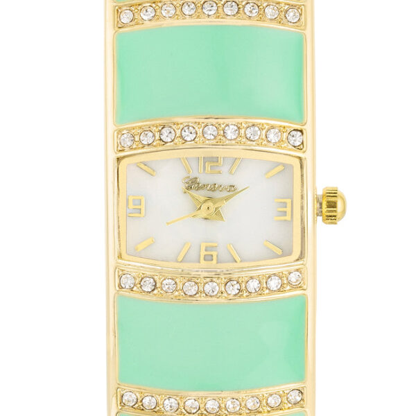 Close-up of the crystal detailing surrounding the cuff watch's face