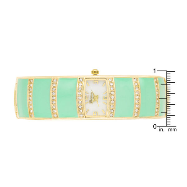 Side angle of the mint gold cuff watch showing the open cuff band