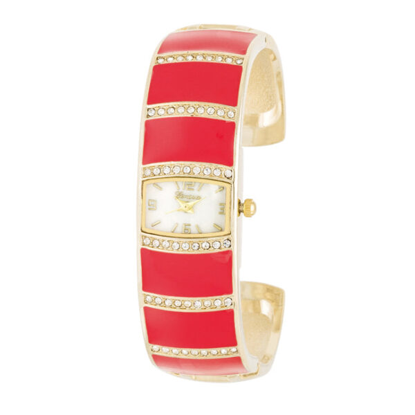 Pink gold-tone cuff watch with crystal accents shown as the main product view