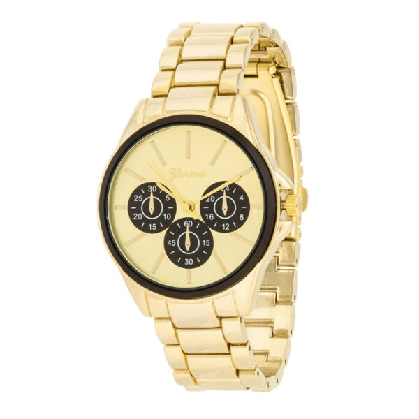 Round watch with gold tone case, dark bezel, and link bracelet shown in full