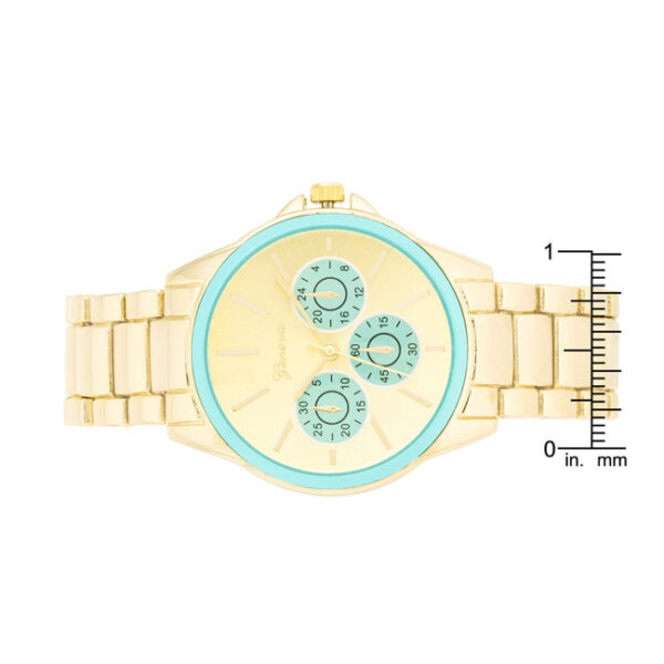 Gold-toned link bracelet band shown in detail alongside the watch case