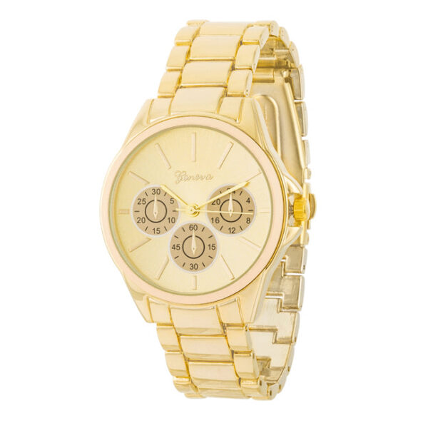 Round chronograph-style watch with a gold-tone link bracelet band, shown face-up