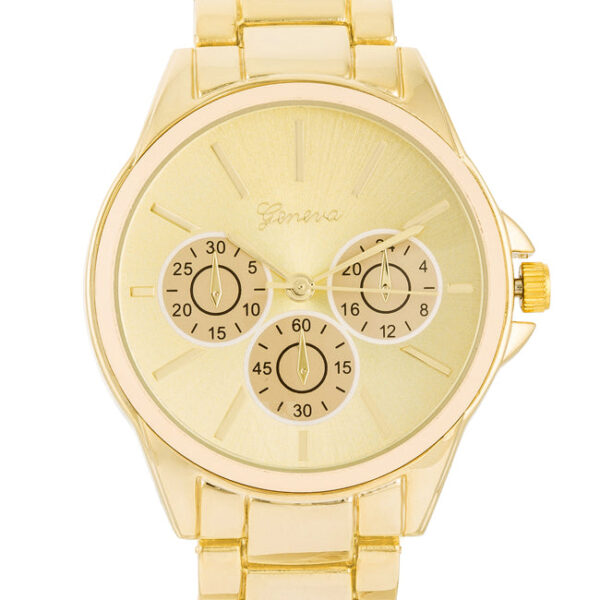 Close view of the watch's round face showing chronograph-style dial details