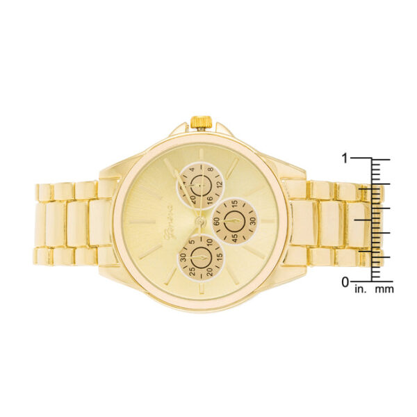 Watch link bracelet band and clasp area shown in gold tone metal