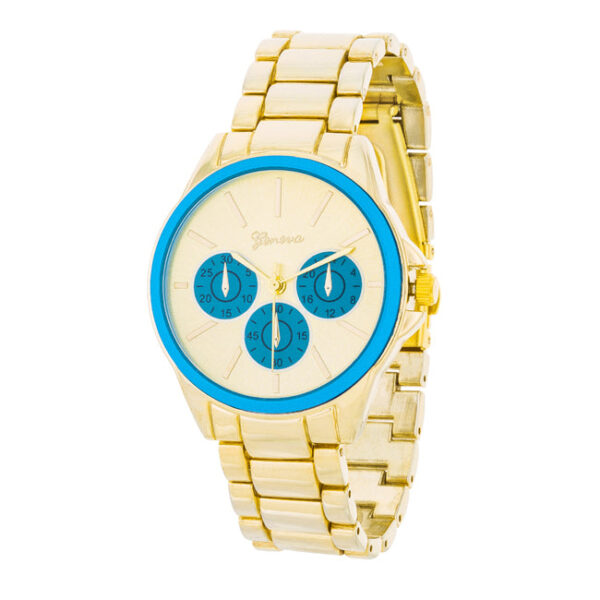 Chronograph-style watch with gold-toned case and blue accented dial and bezel