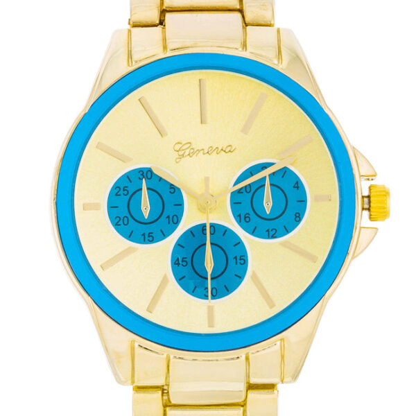 Close-up of the blue chronograph dial on the gold-toned watch case