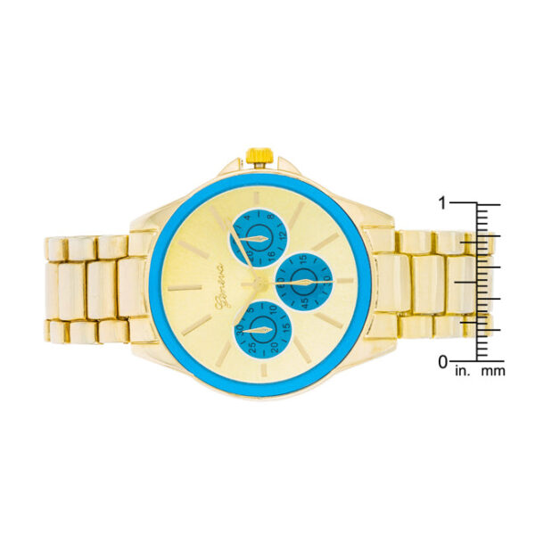 Gold-toned chronograph watch with blue bezel viewed from an angle