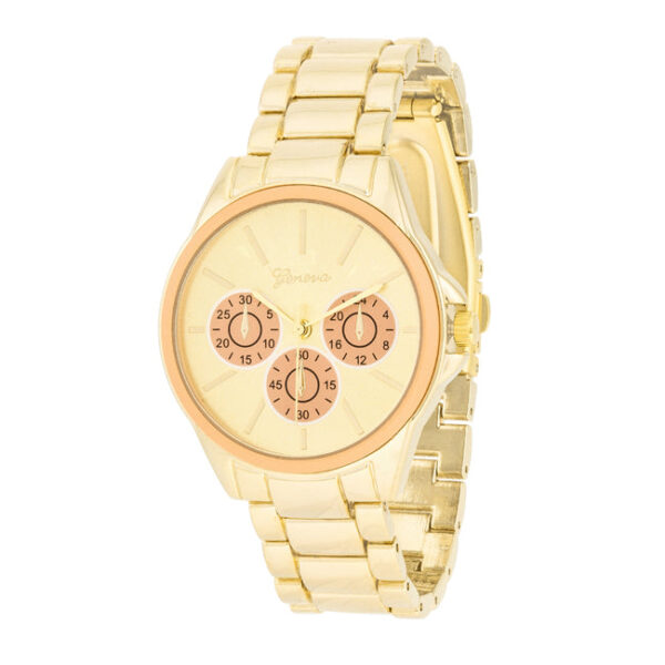 Wristwatch with round gold-toned face, sub-dials, and link bracelet band shown from the front