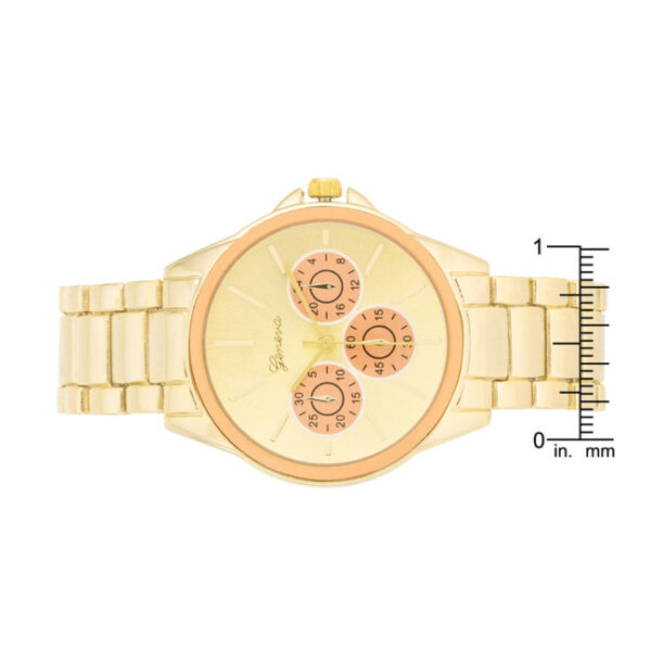Watch shown with link bracelet band extended, displaying its clasp and link structure