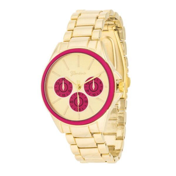 Round-face wristwatch with pink bezel accents and a gold-tone link bracelet