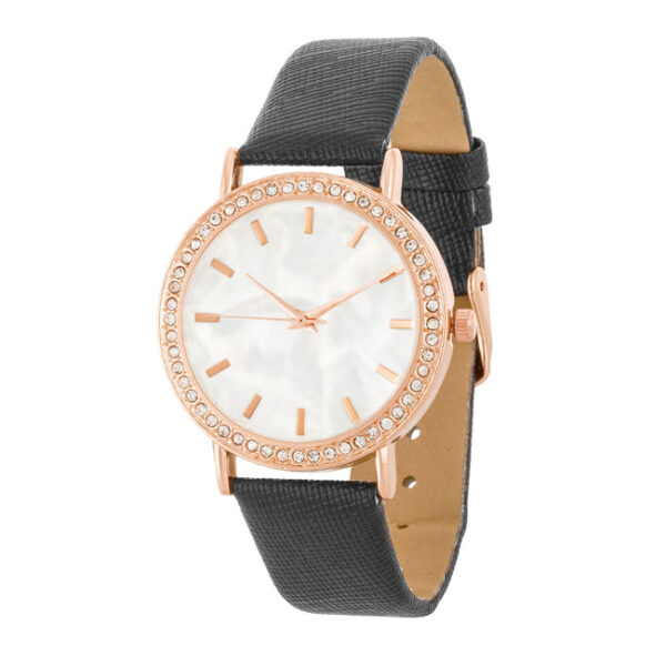 Rose gold plated watch with a shell pearl dial and crystal accents, shown face-up