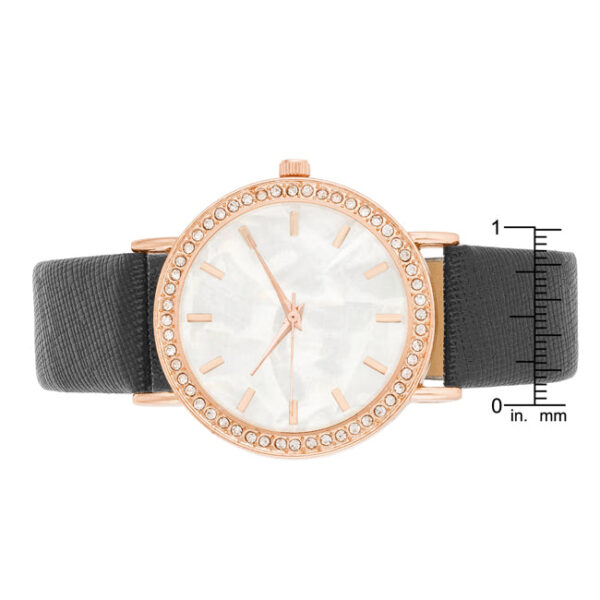 Side angle of the rose gold plated watch case and band