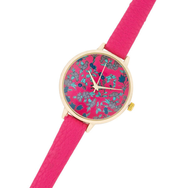 Gold plated watch with a floral print dial, shown as the main product view