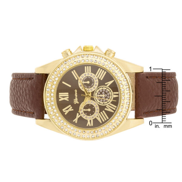 Brown leather band of the watch shown from a side angle