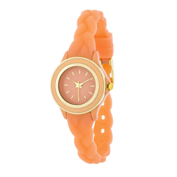 Round watch face on a braided rubber strap, yellow-toned metal case