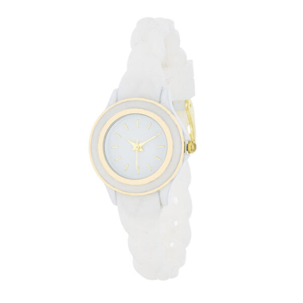 Round watch face with braided white rubber strap and mixed-tone trim, laid flat