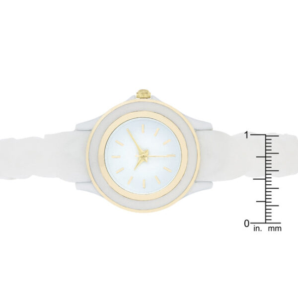 Watch face and trim shown at an angle against a plain background