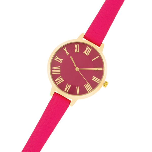 Gold plated watch with pink leather strap shown facing forward